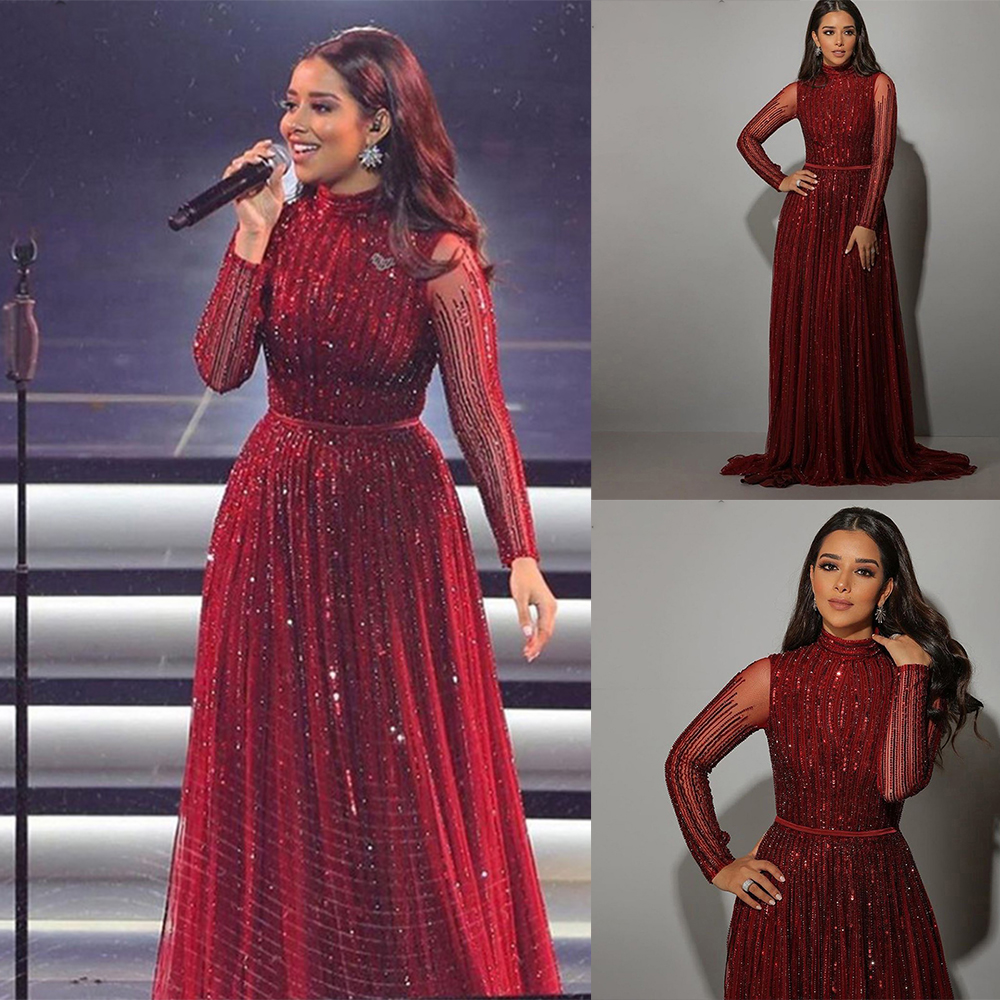 Red Evening Dresses Noble Luxury Beads Long Sleeve Prom Dress Wear Custom Made Special Occasion Gowns