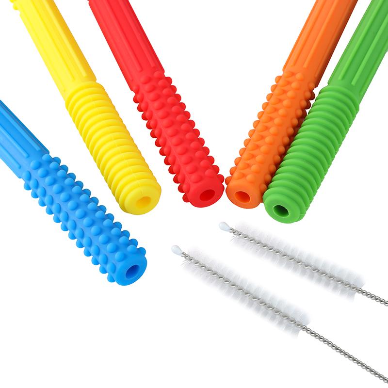 2021 Soft Silicone Teething Toys for Babies Baby Teether Textured Teething Tubes with Brush BPA Free Safe Toy