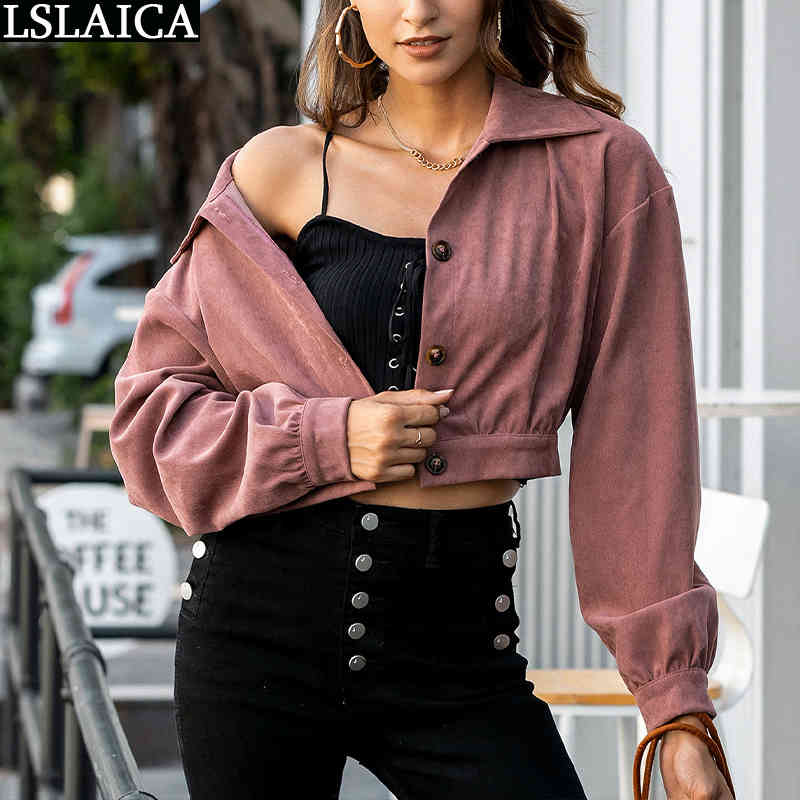 Woman Jacket Fashion Long Sleeve Turn Down Collar Short Women Autumn Winter Casual Coat Button Streetwear Clothes Kyptka 210520
