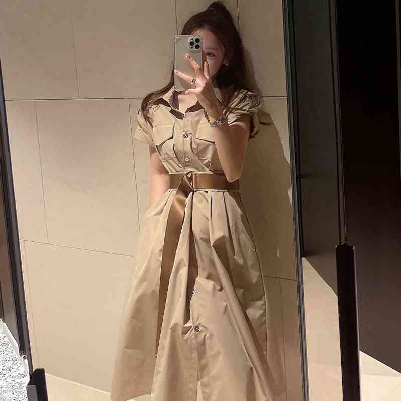 Summer Korea Style Casual Temperament Mid-Length Dress Fashion High Waist Big Swinging Khaki Dresses With Belt 210520