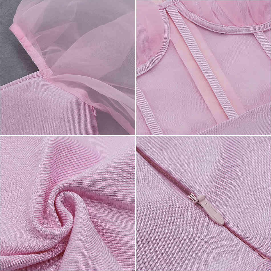 Summer Women Pink Lace Mini Club Bodycon Bandage Dress Sexy Long Puff Sleeve Celebrity Evening Runway Party 210423