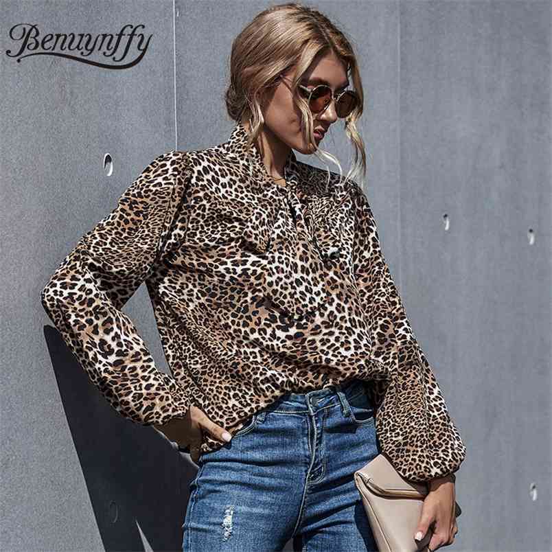 Leopard Print Bow Tie Neck Womens Tops and Blouses Autumn Loose Casual OL Women Long Sleeve Elegant Blouse 210510