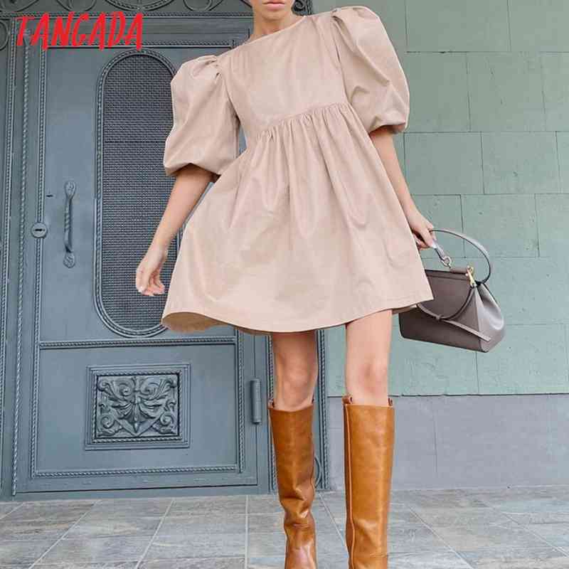 Women Khaki Summer O Neck Puff Short Sleeve Back Zipper Ladies Mini Dress Vestidos AI44 210416