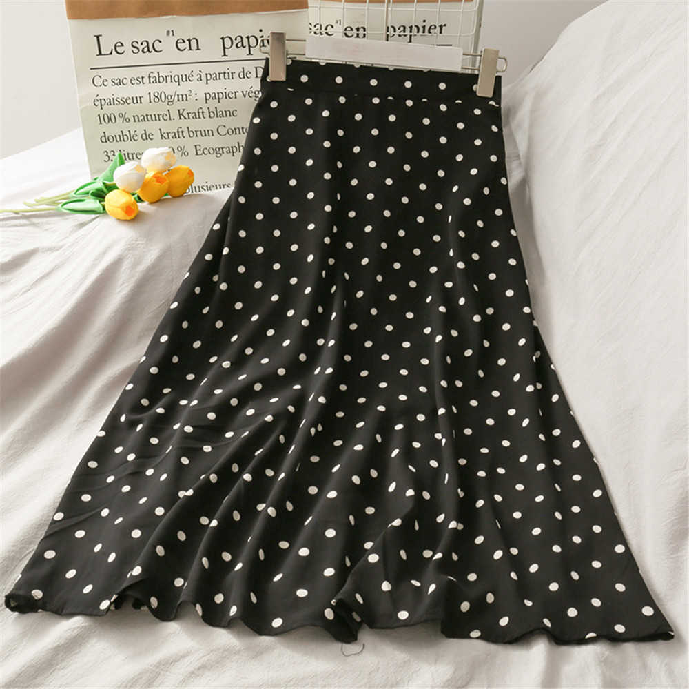 Summer Casual Chiffon Print Dot-print Skirt Female High Waist Midi A-line Skirt Womens Black White Red Long Skirts Streetwear 210619