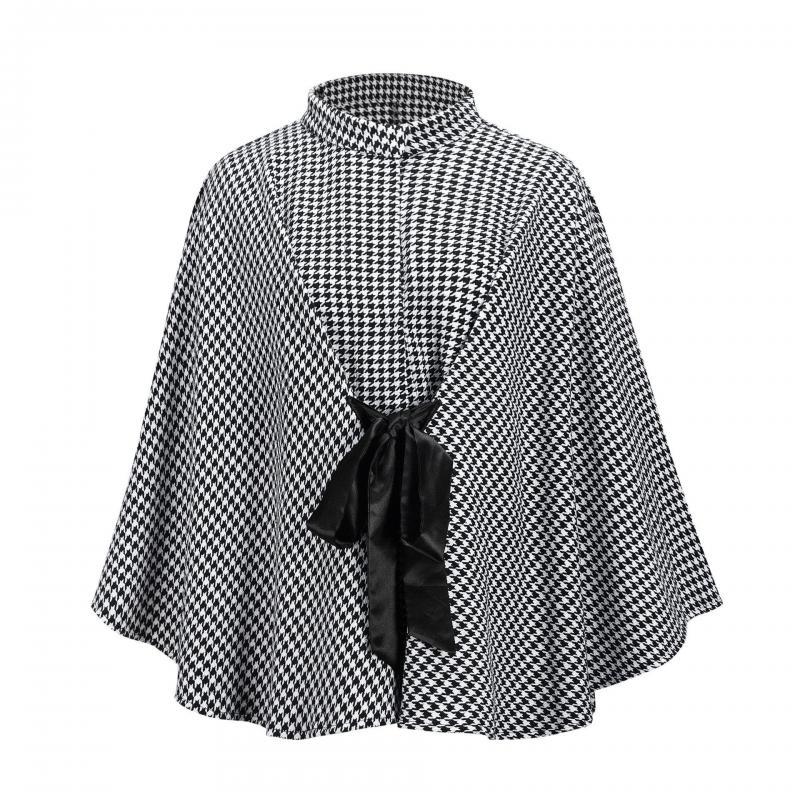 Women Coat Plaid Cape Lace Up Stand Collar Batwing Sleeve Cloak Jacket Fashion Ladies Capes Autumn Winter Tops 210524