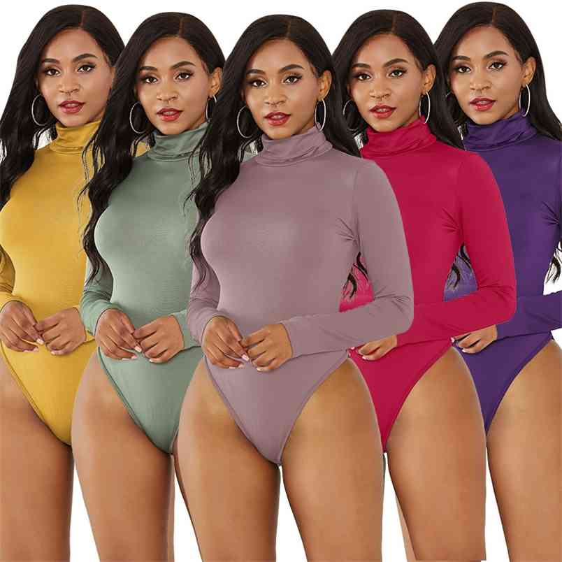 Long Sleeve High Neck Jumpsuits T-shirt Women Fit All-in-one Pants Winter Solid Skinny Vintage Turtleneck Bodysuit Women Top 210406