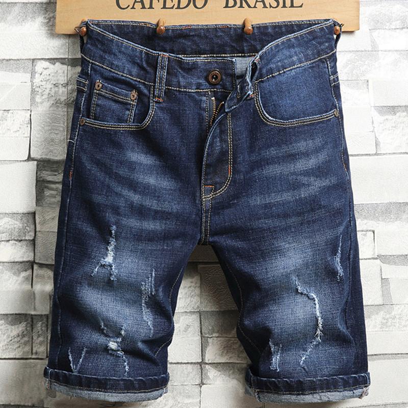 Ripped Holes Denim Cotton Men Shorts Pants Summer Hip Hop Slim Black Knee-Length Jeans Soft Blue Male Casual Trousers Men's