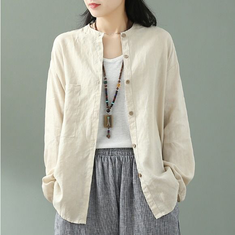 Spring Autumn Arts Style Women Long Sleeve Shirts Solid Cotton Linen Loose Casual O-neck Blouse vintage Ladies Tops D435 210512