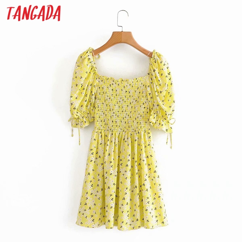 Summer Women Print French Style Puff Short Sleeve Ladies Mini Dress Vestidos 5D32 210416