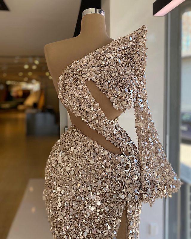 2021 Plus Size Luxurious Sparkly Sequined Prom Dresses High Split Sheath Evening Formal Party Second Reception Gowns