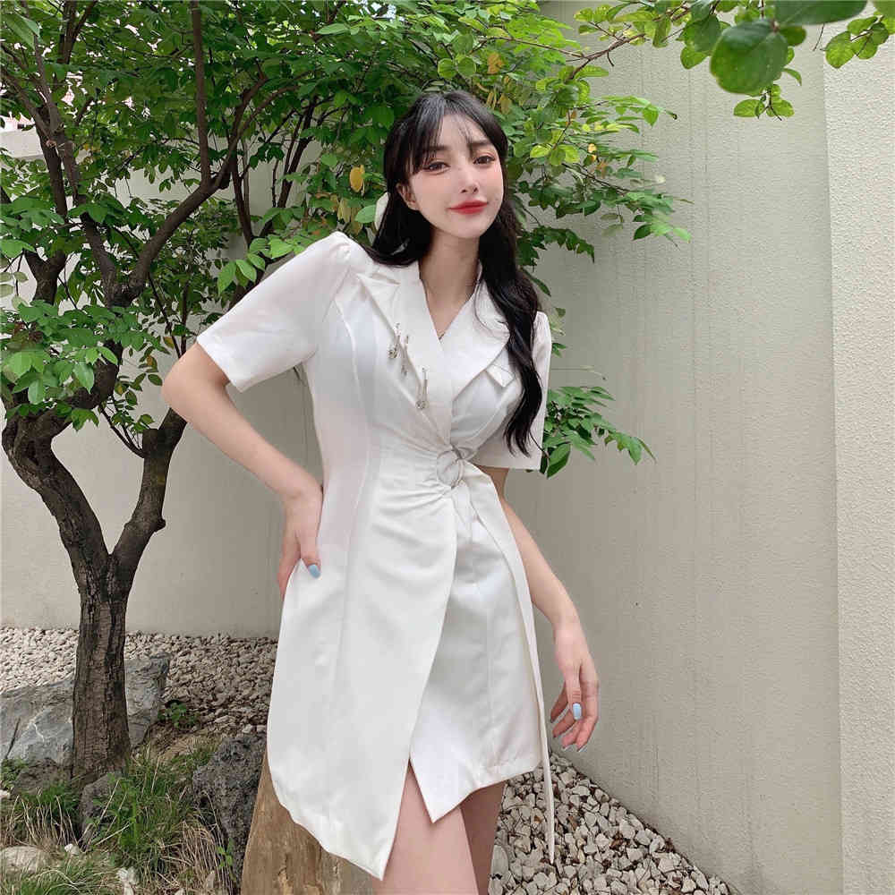 Summer Elegant Women's Dresses Retro Solid Color Lace-up Slim Dress Notched Collar Short Sleeve Mini Female 210519