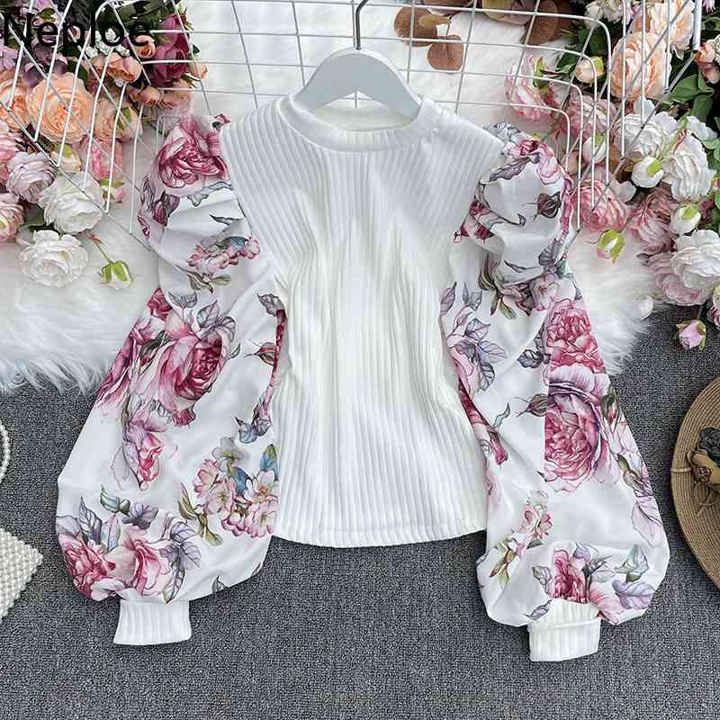 Neploe Women Blouses Vintage Print Blouse Lantern Sleeve Patchwork Temperament Shirt O Neck All Match Slim Tops Blusas Mujer 210422
