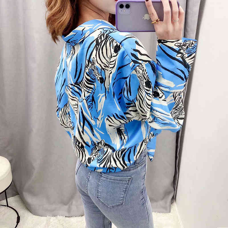Zebra Print Blouse Women Bow Batwing Long Sleeve Loose Shirt Female Turn Down Collar Casual Ladies Tops Blusas Mujer 210515