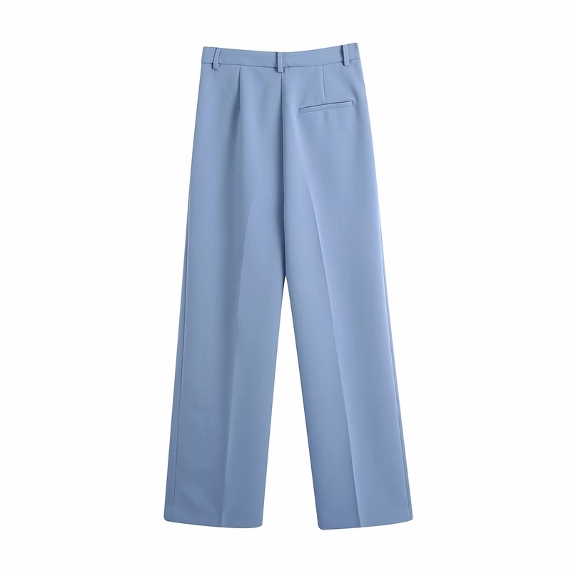 Elegant Women Blue High Waist Pants Fashion Ladies Solid Straight Trousers Causal Female Chic Pocket Long 210430