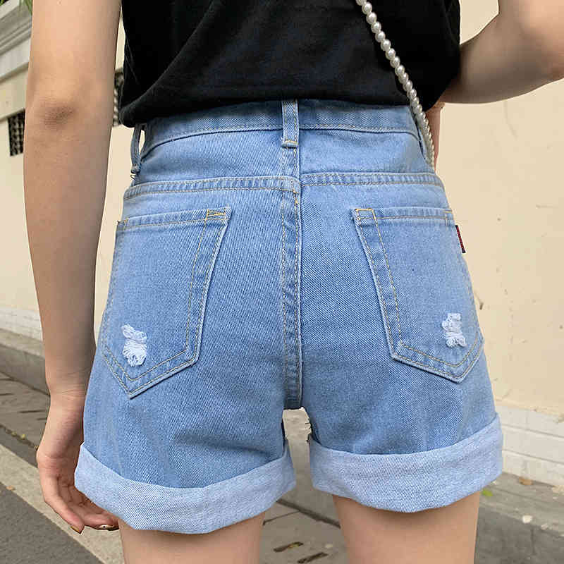 Summer Blue Vintage Casual Short Jeans Ladies High-Waist Crimping Denim Shorts Korean Hole Wild Pants Women 9354 50 210415