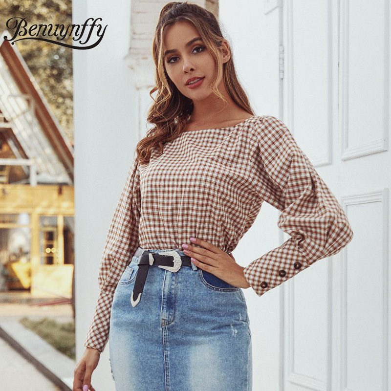 Vintage Square Collar Plaid Blouse Women Autumn winter Casual Office Long Lantern Sleeve Elegant Ladies Tops 210510