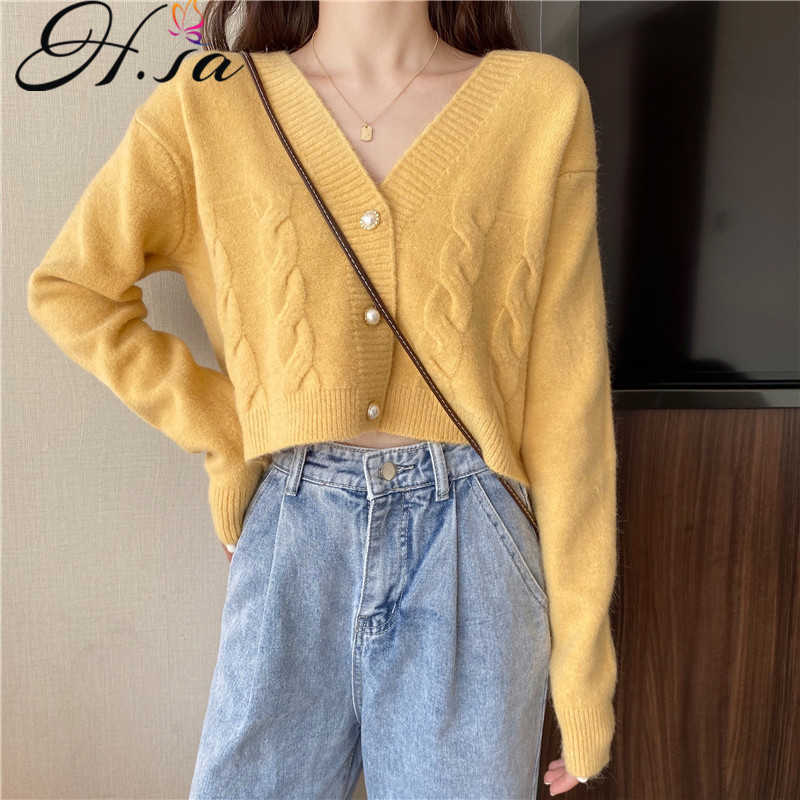 H.SA Spring Women Cardigans V neck Button Up Pearl Yellow Sweater Cardigans Short Loose Jumpers Long Sleeve Knitwear Winter 210716