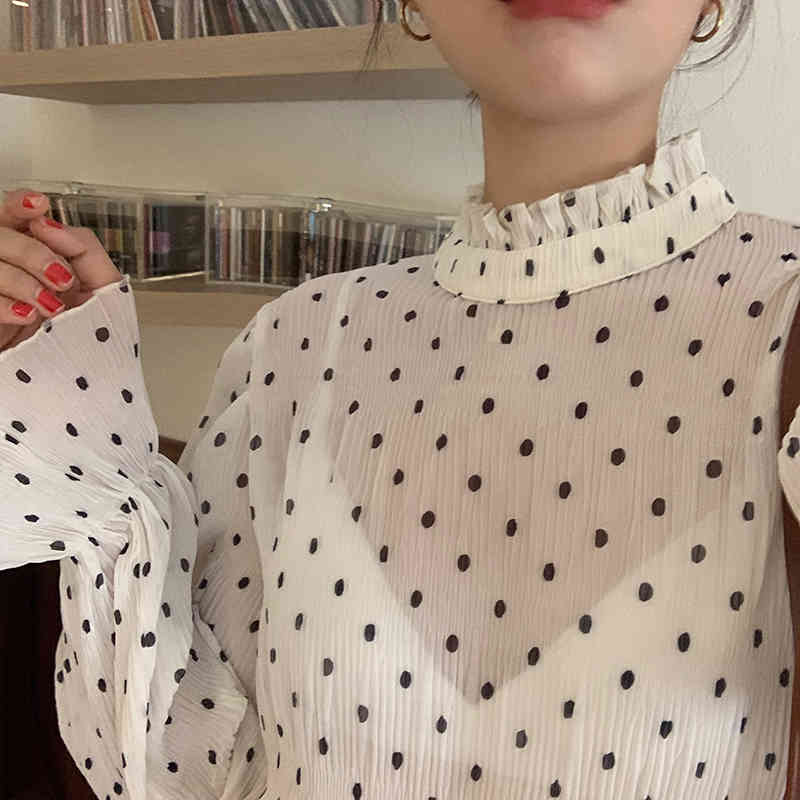 Nomikuma Korean Dot Chiffon Women Blouses Causal Stand Neck Flare Long Sleeve Shirt Causal Perspective Blusa Feminimos 6D747 210427