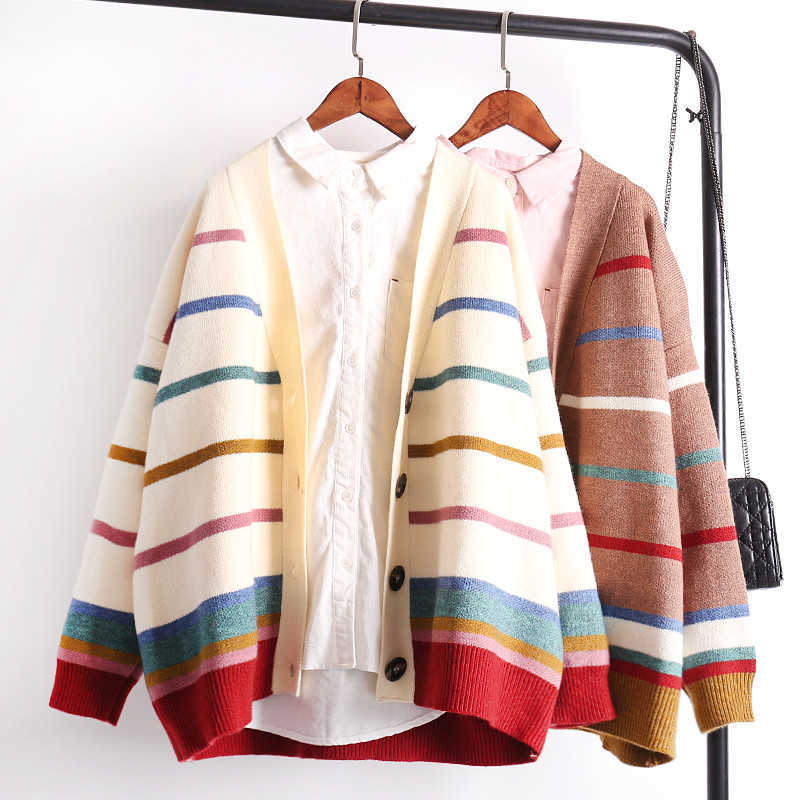 H.SA Women Cardigans and Sweater Girls Colorful Rainbow Striped Knitted Cardigans Oversized Spring Autumn Knit Jacket Coat 210716