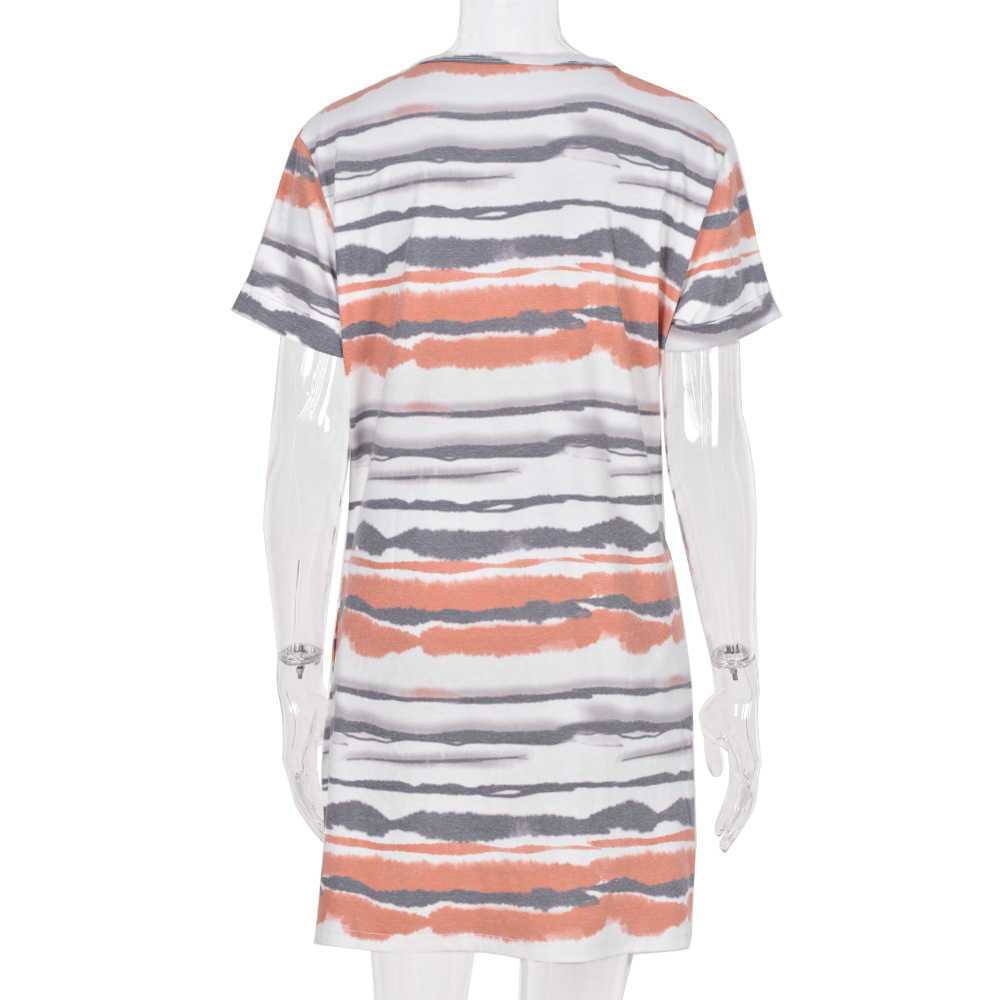 Women's Striped Tie Dye T-Shirt Dress Casual O Neck Short Sleeve Loose Straight Summer Dresses With Pockets Female Long Tee Tops 210526