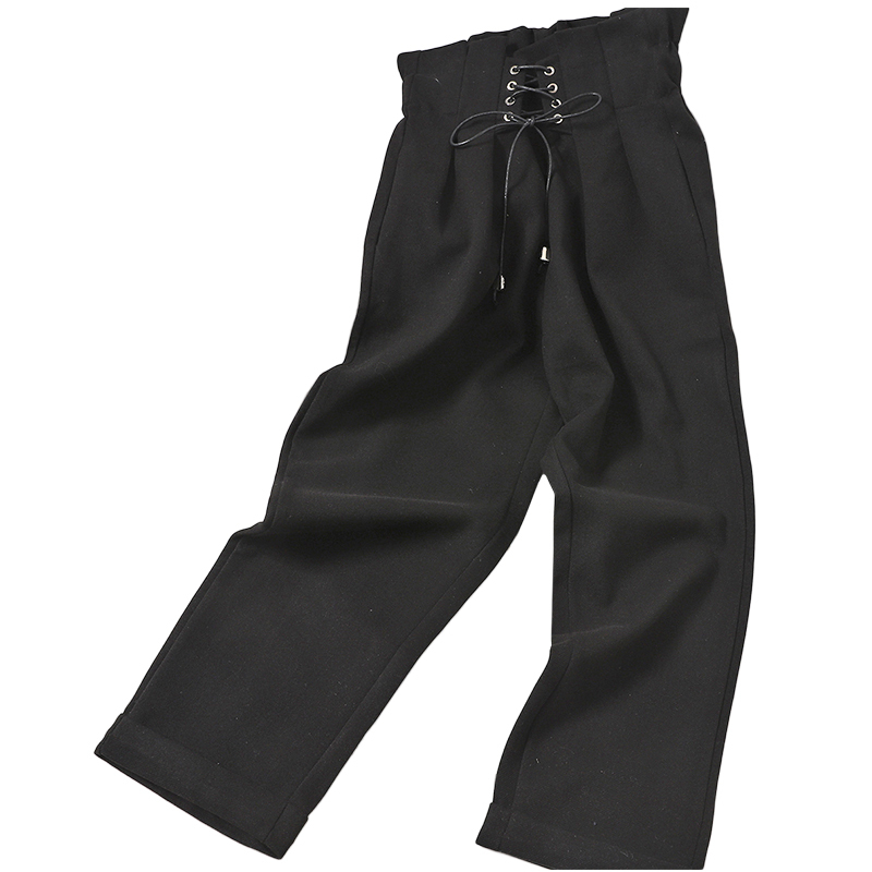 Nomikuma Autumn Winter Woolen Women Pants Korean Cross Lace Up High Waist Ankle Trousers New Solid Straight Pants 6D083 210427