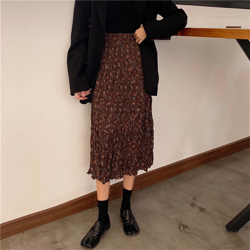Sweet Chic Stylish Cute All-Match Print Long Thin Retro High Waist Floral Korean Autumn Winter Vintage Skirt 210421