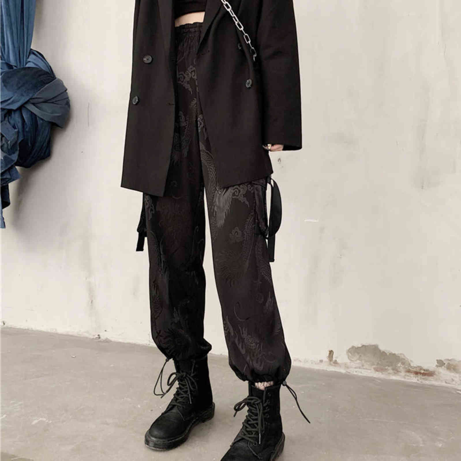 Harajuku Dragon Embroidery Soft Cargo Pants Women Side Pocket Rock Loose Elastic Waist Trousers Female 211115