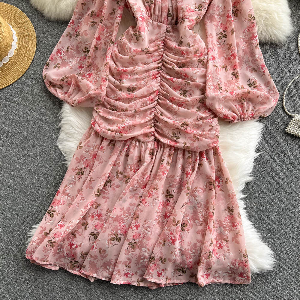 Bohemian Women Floral Chiffon Draped Long Dress Boho Vacation Beach Robe Female Puff Long Sleeve High Waist Party Vestidos New 2022
