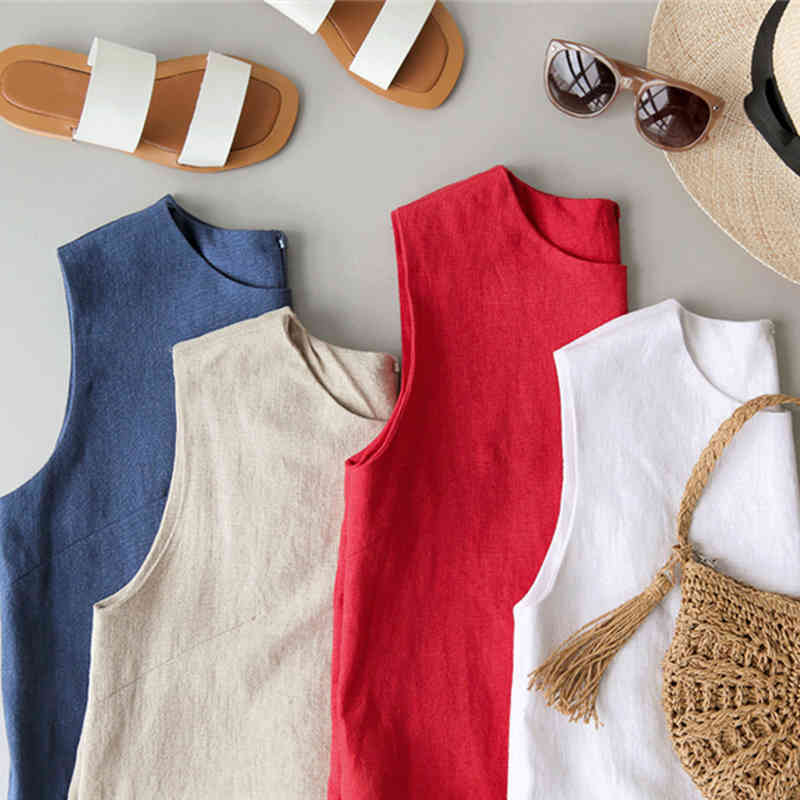 Simple Casual Loose O-collar Sleeveless Female Dress Korean Style Ins Cotton Linen Multi-Color Basic Vest Robe Femme 10089 210427