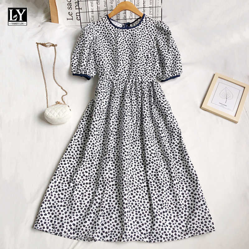 LY VAREY LIN Summer Women Sweet High Waist Bandage A-line Medium Length Dress Casual O-neck Puff Sleeve Floral Dresses 210526