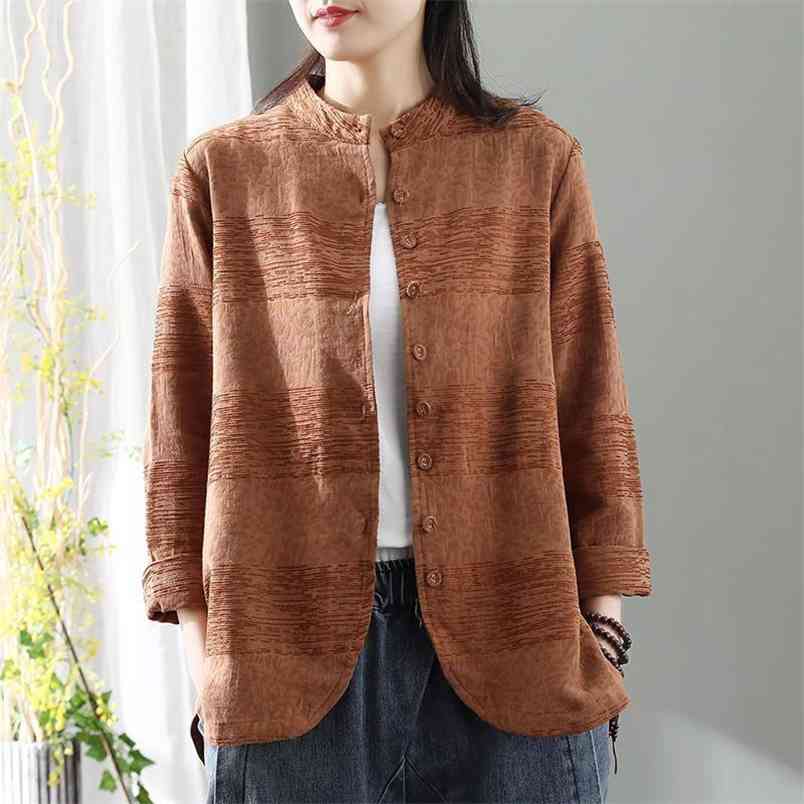 Spring Arts Style Women Long Sleeve Loose Jackets Vintage Jacquard Cotton Linen Coats Femme Single Breasted Cardigan Tops M306 210512