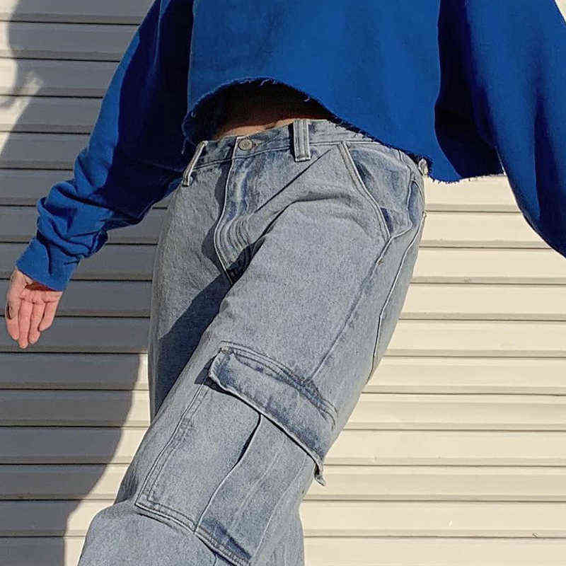 Weekeep Pockets Patchwork High Waist Jeans Women Streetwear Straight Jean Femme Blue 100% Cotton Cargo Pants 211112