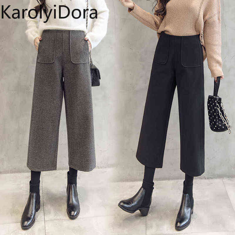 winter fashion high waist women's wool wide leg pants thick warm loose casual harem office ladies 211115