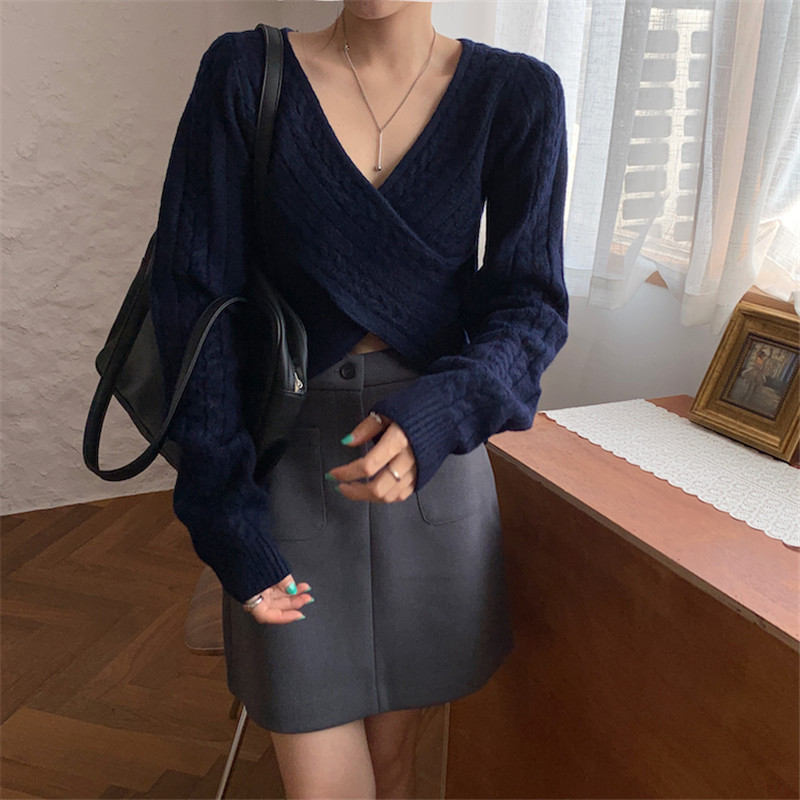 Autumn Winter Sweater Office Lady Work Pullover Solid Sexy V-Neck Long Sleeve Knitted Sweaters Women's Crop Tops 210421