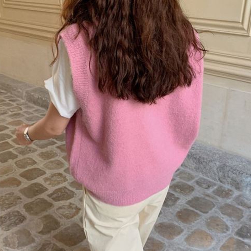 Sleeveless Loose Knitted Women Vintage Pullover V-neck Sweater Vest Autumn Winter Warm Sweaters Oversize 12231 210415