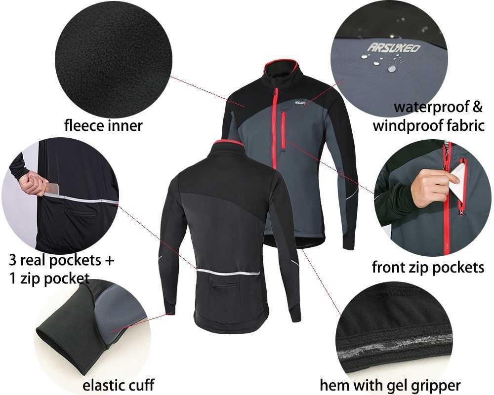 ARSUXEO Men Winter Cycling Jacket Thermal Fleece MTB Bike Jacket Windproof Waterproof Bicycle Sofeshell Coat Warm Reflective 17D T200502
