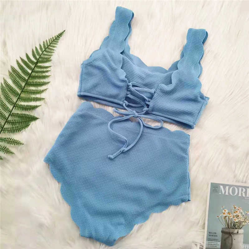 Women Swimsuit Scalloped High Waist Bikini Set Solid Two Pieces Plus Size Swimwear Biquini Tankini 210611