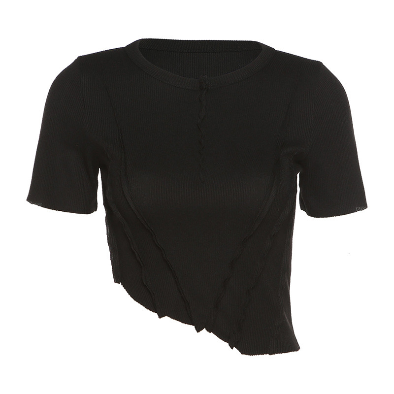 Summer Women Asymmetrical T-shirt Skinny Round Short-Sleeved Tops Female Patchwork Y2K Solid Sport Tees Streetwear 210406