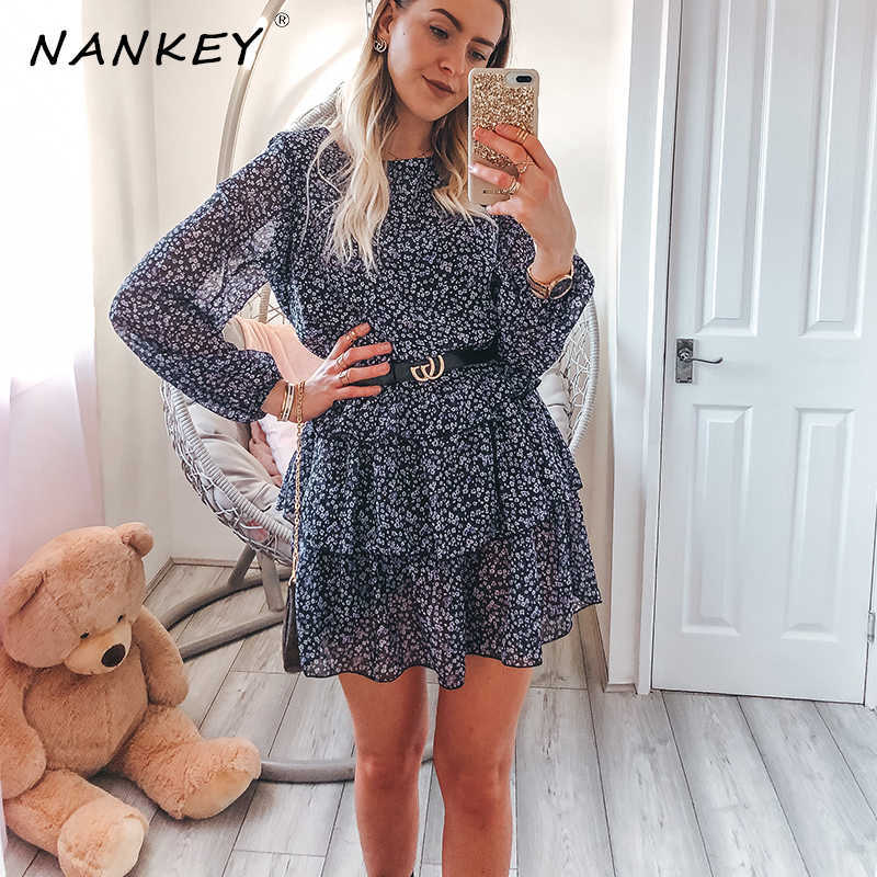 NANKEY Women Floral Print Dress Elegant Lantern Sleeve Casual Ruffles Dress Office Lady Purple Black Dress Mini Party Vestidos 210706