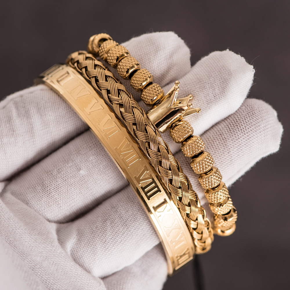 3pcs/set Luxury Roman Royal Crown Charm Bracelet Men Stainless Steel Geometry Pulseiras Open Adjustable Bracelets Couple Jewelry Gift