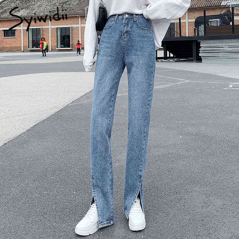 Syiwidii Women Jeans Black Flare Pants Front Side Slit Leg Fall High Waisted Bell Bottom Jeans Full Length Denim Clothes 211112