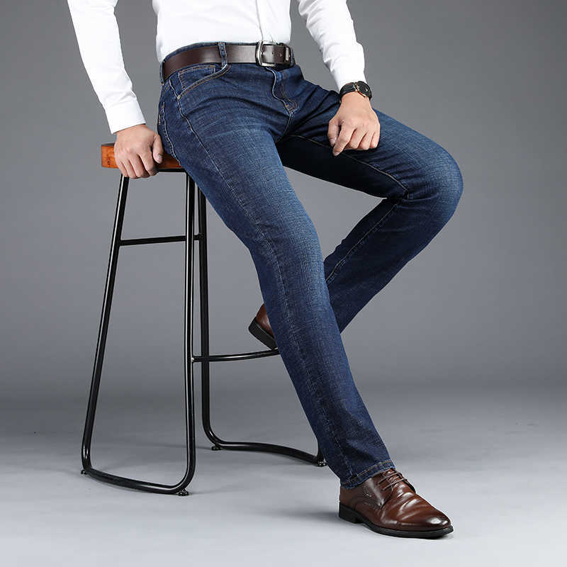 HENCHIRY Men's Business Casual Elastic Jeans Loose Fashion Breathable Non Pilling Ankle-Length Pants Show Thin Straight Pants X0621