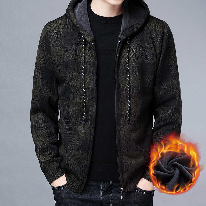 ZITY Men's Sweater Coat Autumn Winter Thick Warm Hooded Plaid Sweater Cardigan Jumpers Zipper Fleece Coat Men Clothing 211018