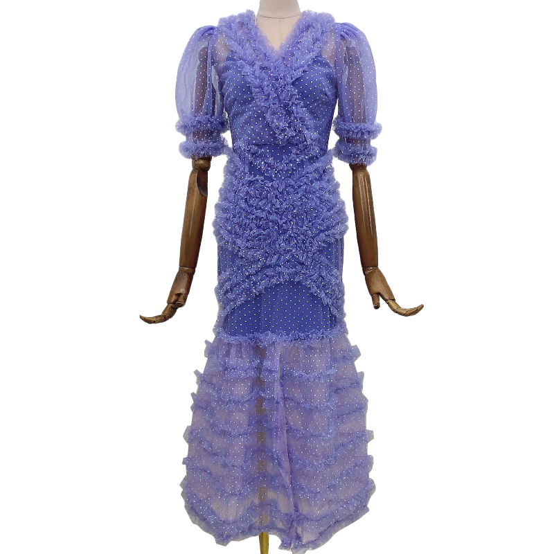 VGH Patchwork Mesh Dot Dress For Women V Neck Short Sleeve High Waist Hit Color Summer Dresses Female Fashion New Tide Clothing 210421