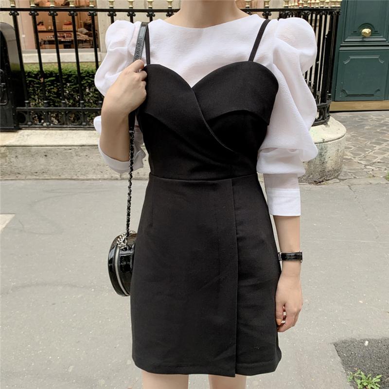 Two Piece Dress [EWQ] 2021 Spummer Thin Section Bubble Sleeve Shirt + Slim Black Wrapped Chest High Waist Suspender Suit Women QV178