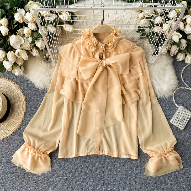 Nomikuma Blouse Women 3D Flowers O-neck Blouse Shirt Causal Puff Sleeve Ruffle Patchwork Tops Spring New Blusas Mujer 6F571 210427