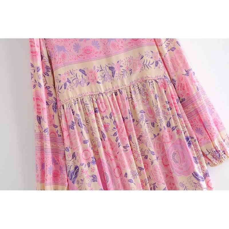 Bohemia Pink Contrast color Location Floral Print Long Sleeve Dress Ethnic Woman Bandage Strappy Collar Holiday Midi Dresses 210429