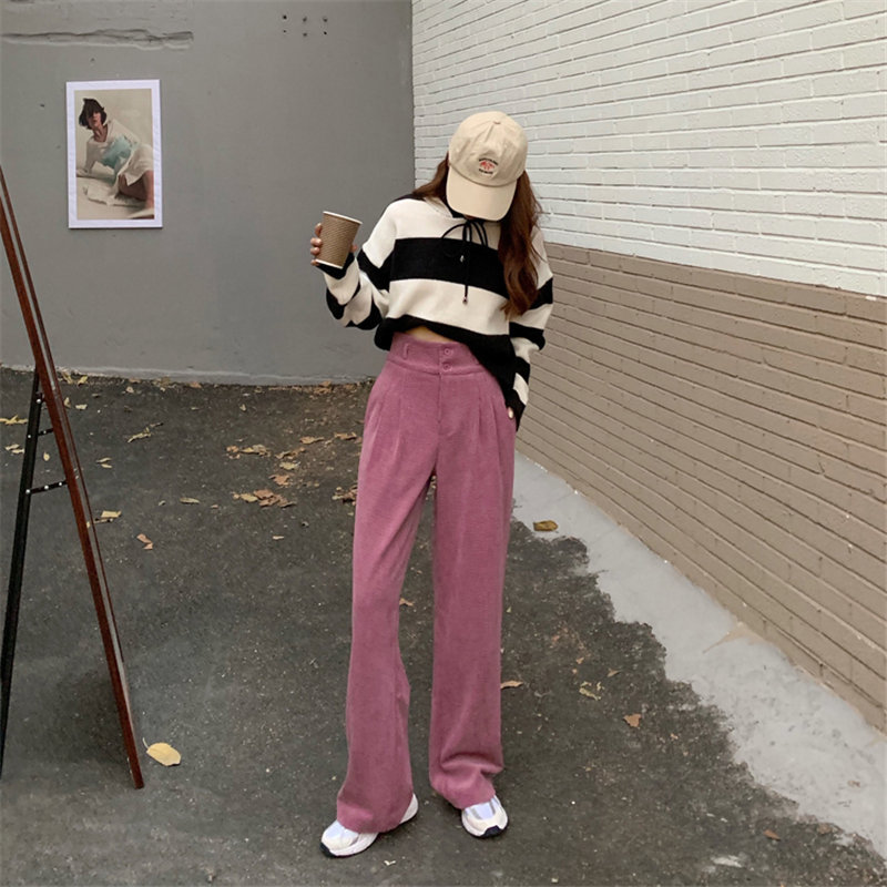 Pink Women Corduroy Bottom OL Solid Loose Thicken Straight High Waist Plus Size Chic Pants Casual Trousers Femme 210421