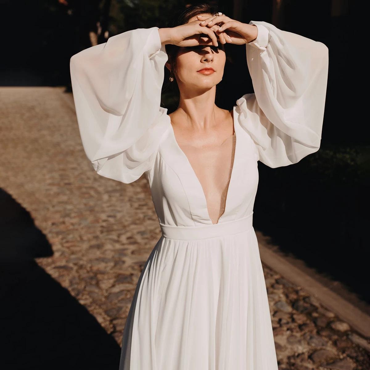 Beach Boho Wedding Dresses Bride Gown Long Sleeves Chiffon Sexy Deep V Neck Sweep Train Custom Made Plus Size Vestidos De Noviacountry estidos