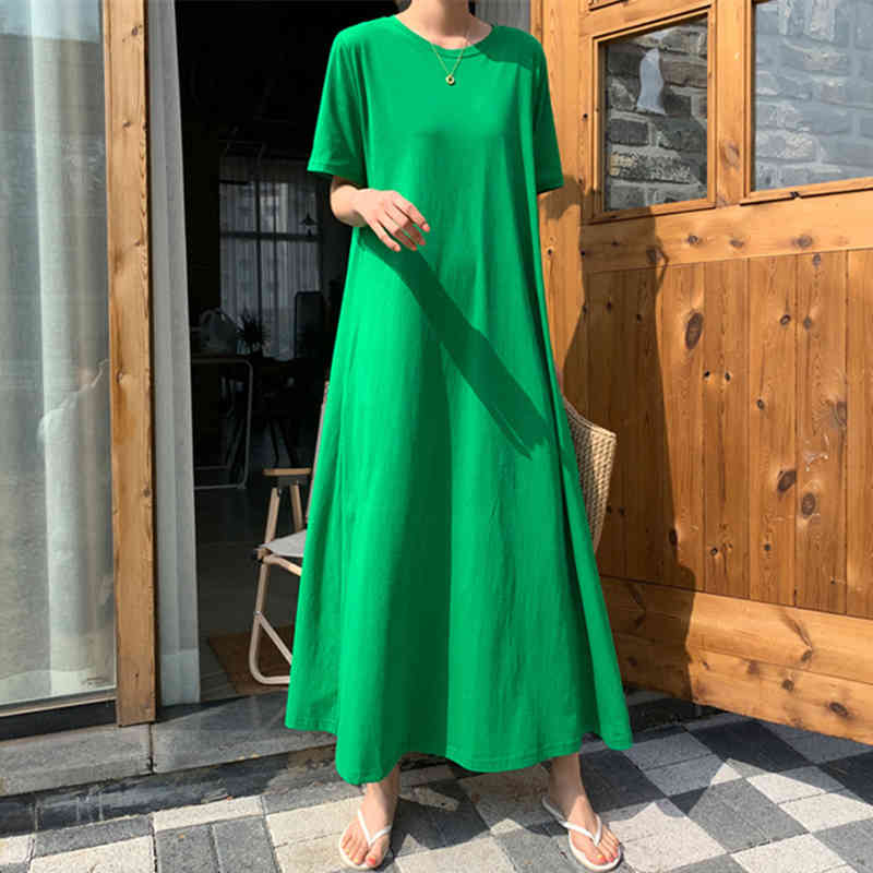 Minimalist Green Dress Women's Summer Round Neck Loose Short Sleeve Mid-calf Dresses Female Fashion 5E370 210427